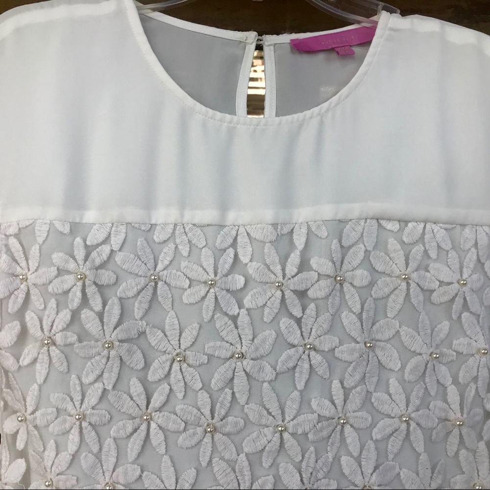 White Ivory Pearl Embroidered Floral Blouse Top S